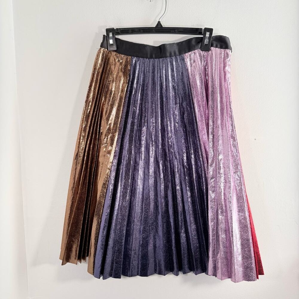 Romance Was Born Rainbow Metallic Accordion Pleated Knee Length Circle Skirt 14